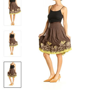 Ted Baker London Silk  A Line Skirt Brown Polka Dot Floral Print Size 4 Twee